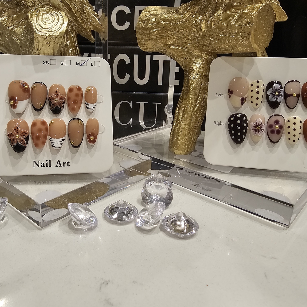Acrylic Press-On Nail Set — Neutral Floral & Animal Print Accent